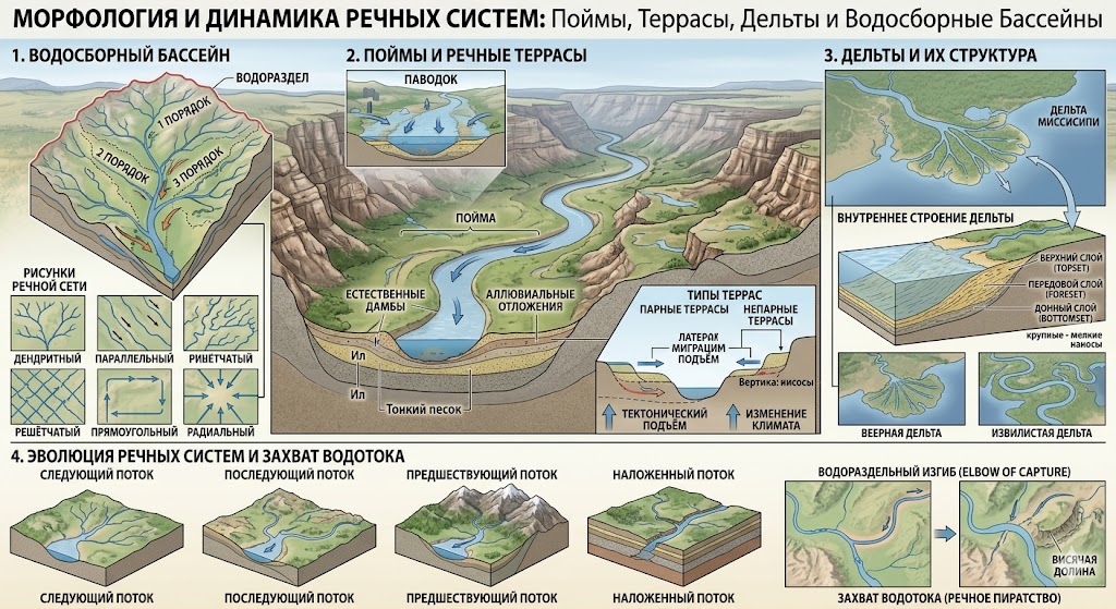 Поймы, речные террасы, дельты и водосборные бассейны: морфология и динамика речных систем